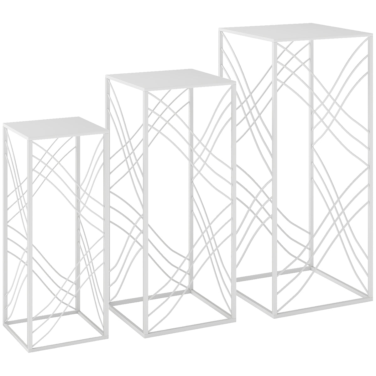 3-delige set plantenstandaards, 50/60/70 cm hoog, stapelbaar metalen plantenrek, wit