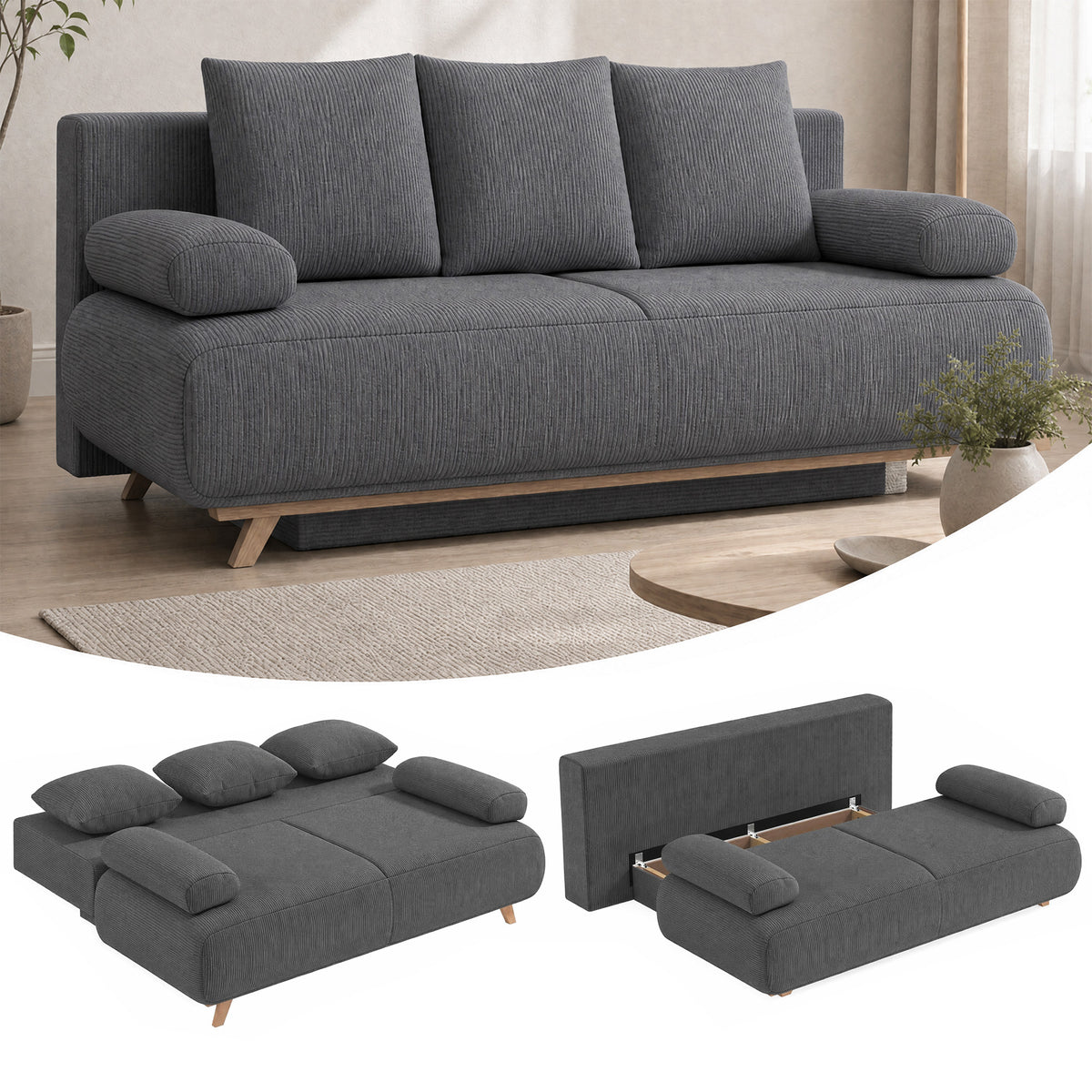 Slaapbank met verstelbare rugleuning, bedfunctie, verborgen opbergruimte en ribstof bekleding, grijs (2)