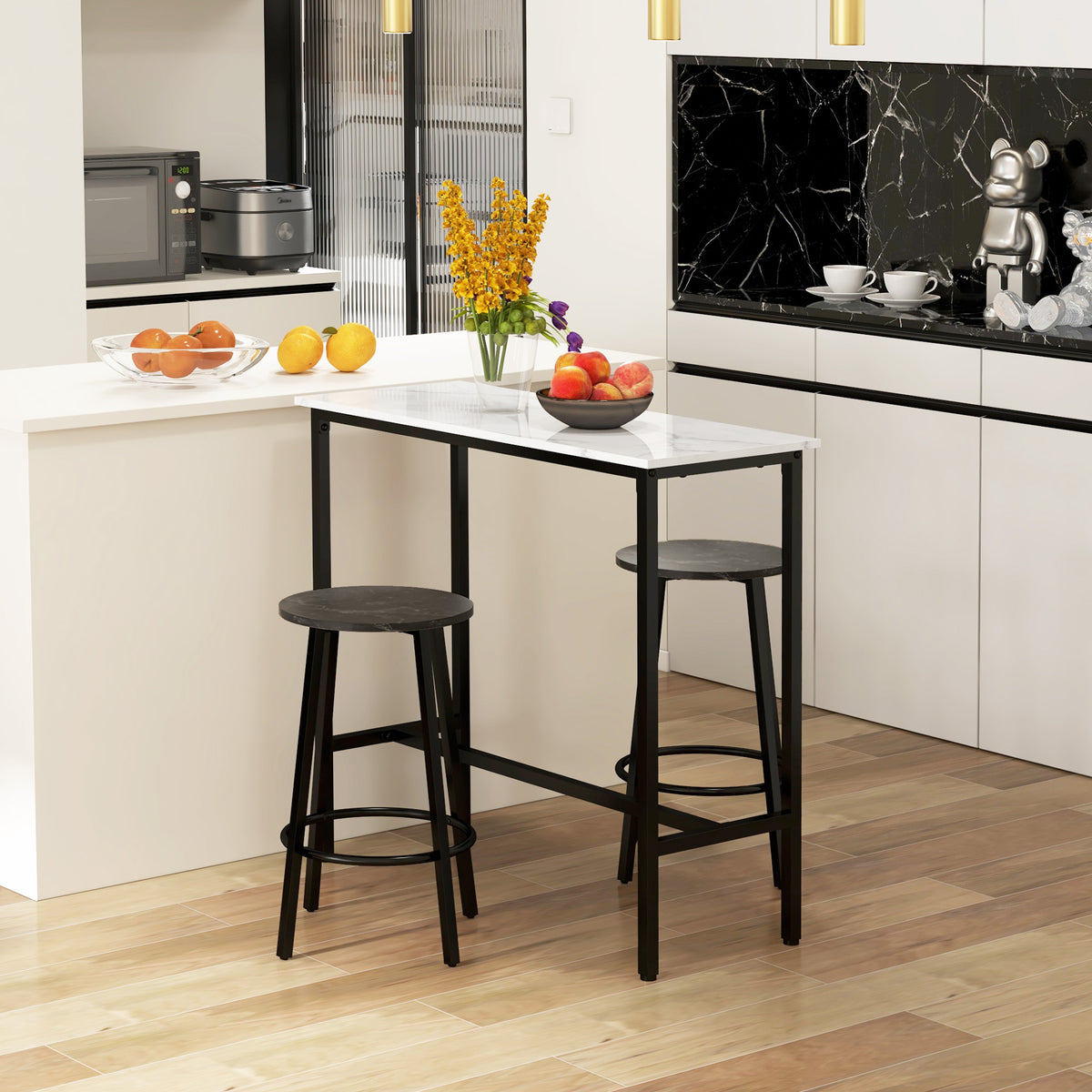 Barset voor 2 personen, 1 tafel met 2 barkrukken, tafelblad in witte marmerlook, stalen frame (2)