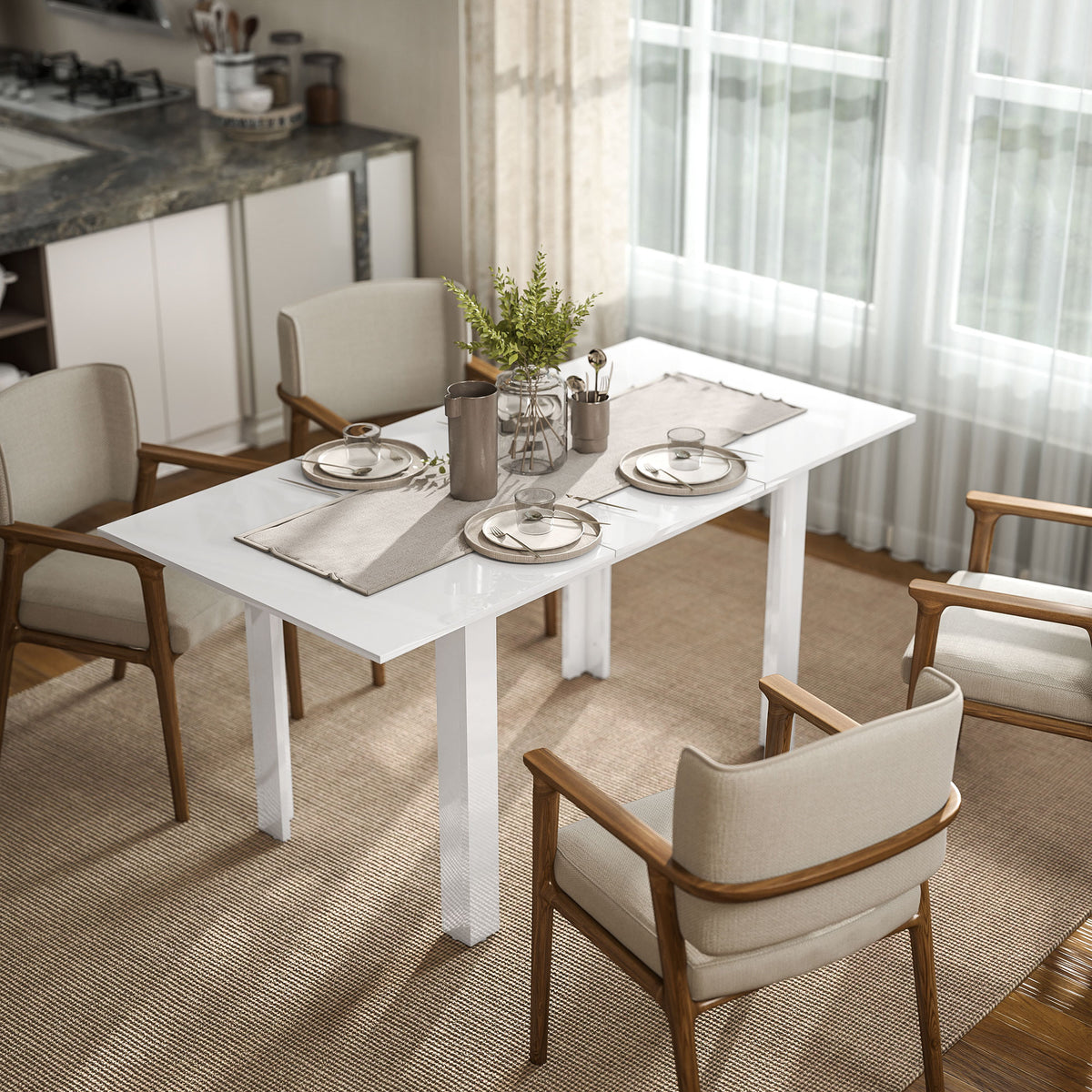 Uittrekbare eettafel, 120-160 x 70 cm, verstelbare keukentafel voor 4-6 personen, MDF, hoogglans wit (2)