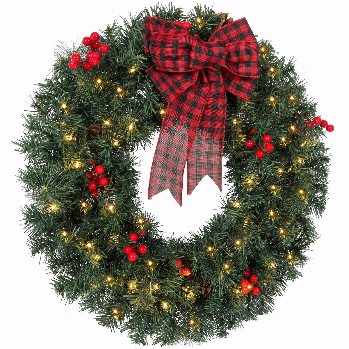 Kerstkrans 60 cm deurkrans met Crestwood-sparrenontwerp, strik, 50 leds, 140 takpunten, 8 lichtmodi
