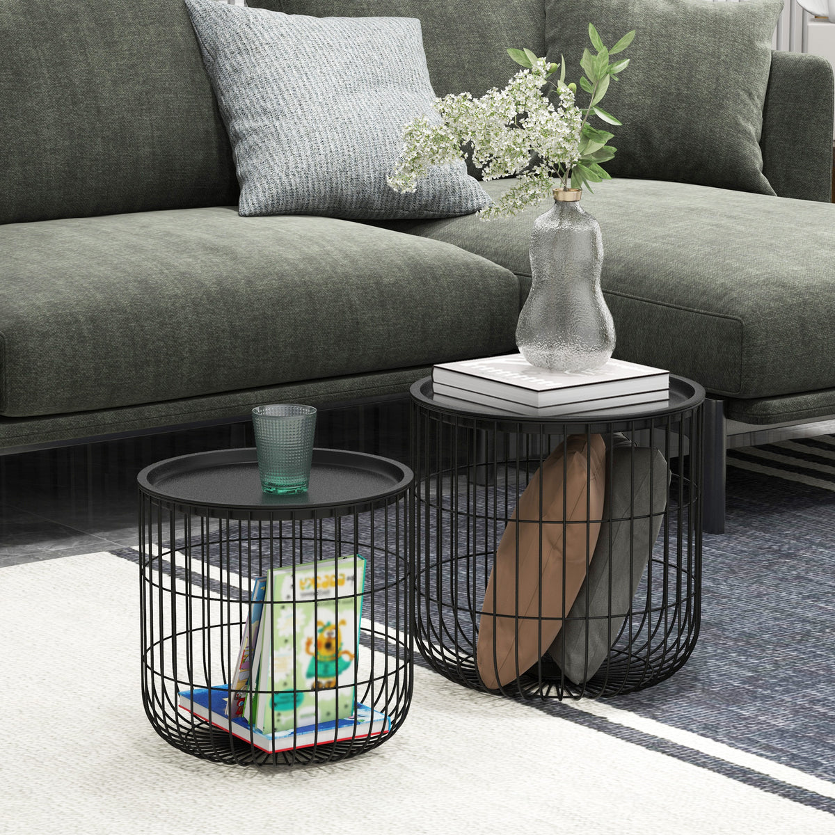 Set van 2 bijzettafels in Scandinavisch design, met opbergruimte, stapelbaar, zwart (2)