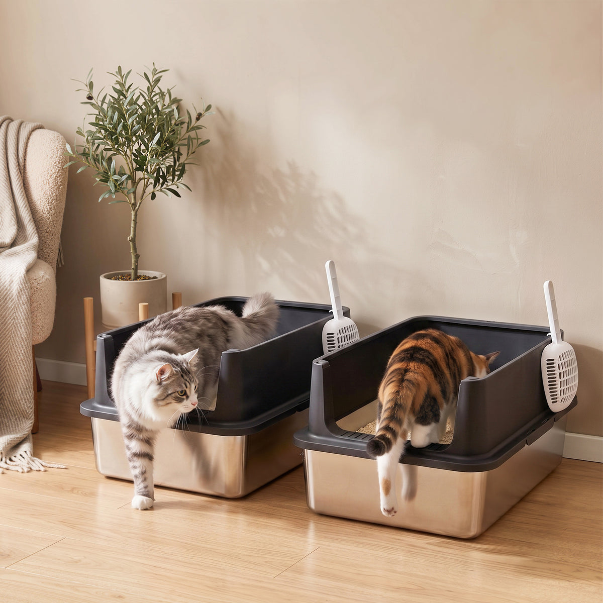 2-delige set roestvrijstalen kattenbak XL met hoge rand en deksel 60x40x30 cm, halfopen met 2 schepjes, voor (2)