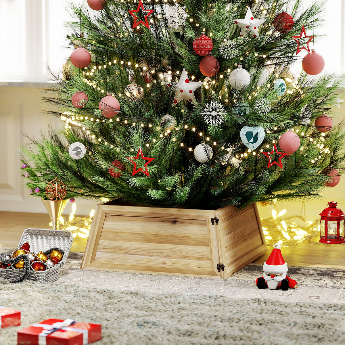 Kerstboomrok 65 x 65 cm kerstboomkraag van dennenhout natuurhout (2)