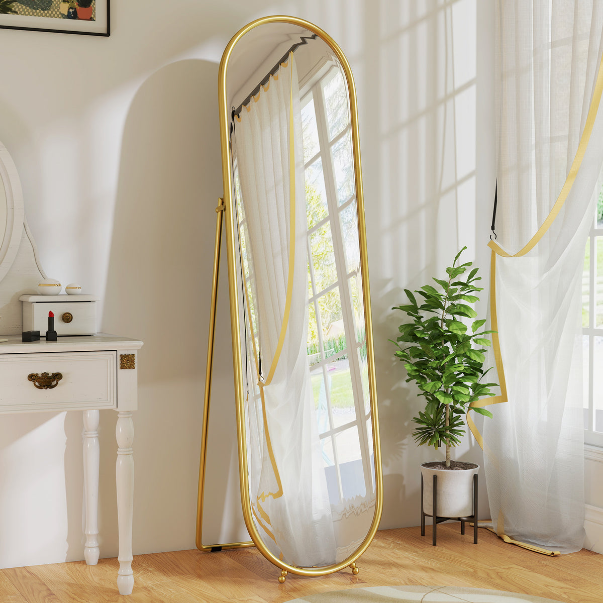Passpiegel, ovale vorm, vrijstaand, metalen frame, 50x180 cm, goud (2)