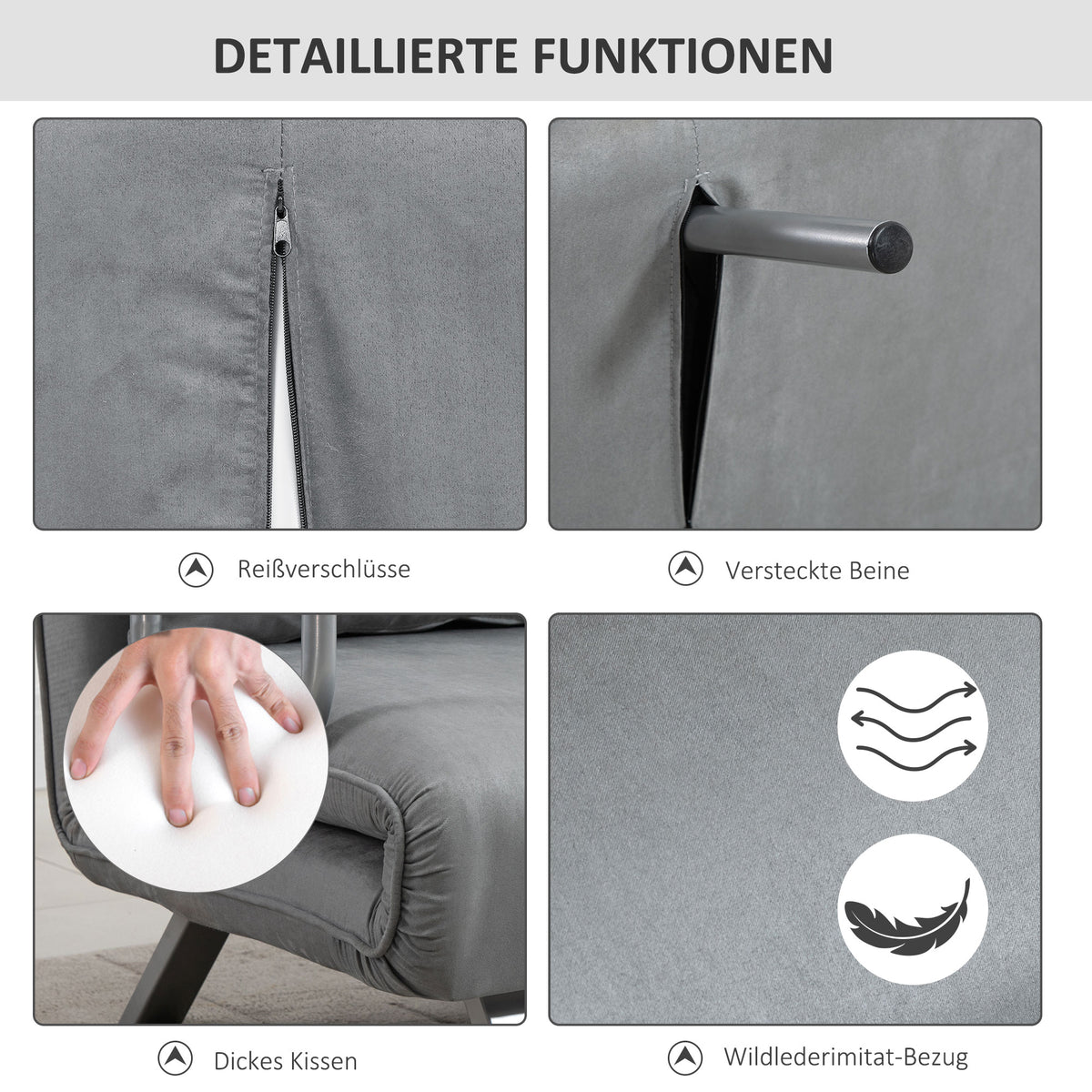 Slaapbank, tweezitsbank, logeerbed, inclusief 2 kussens, grijs (6)