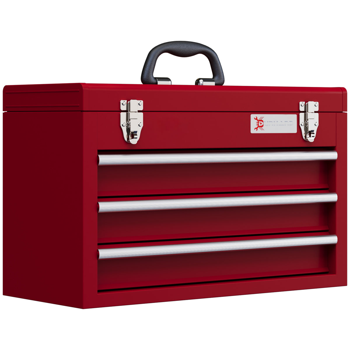 Gereedschapskist met 3 laden, bovenste opbergvak, stalen sluitingen, draaghandgreep, 51x22x32 cm, rood