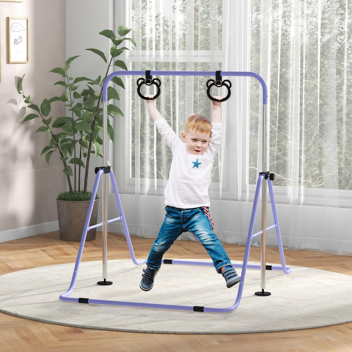 Kinderturnrek met ringen, in hoogte verstelbaar, inklapbaar, antislip, stalen frame, 148x105x88-128 cm, roze (2)