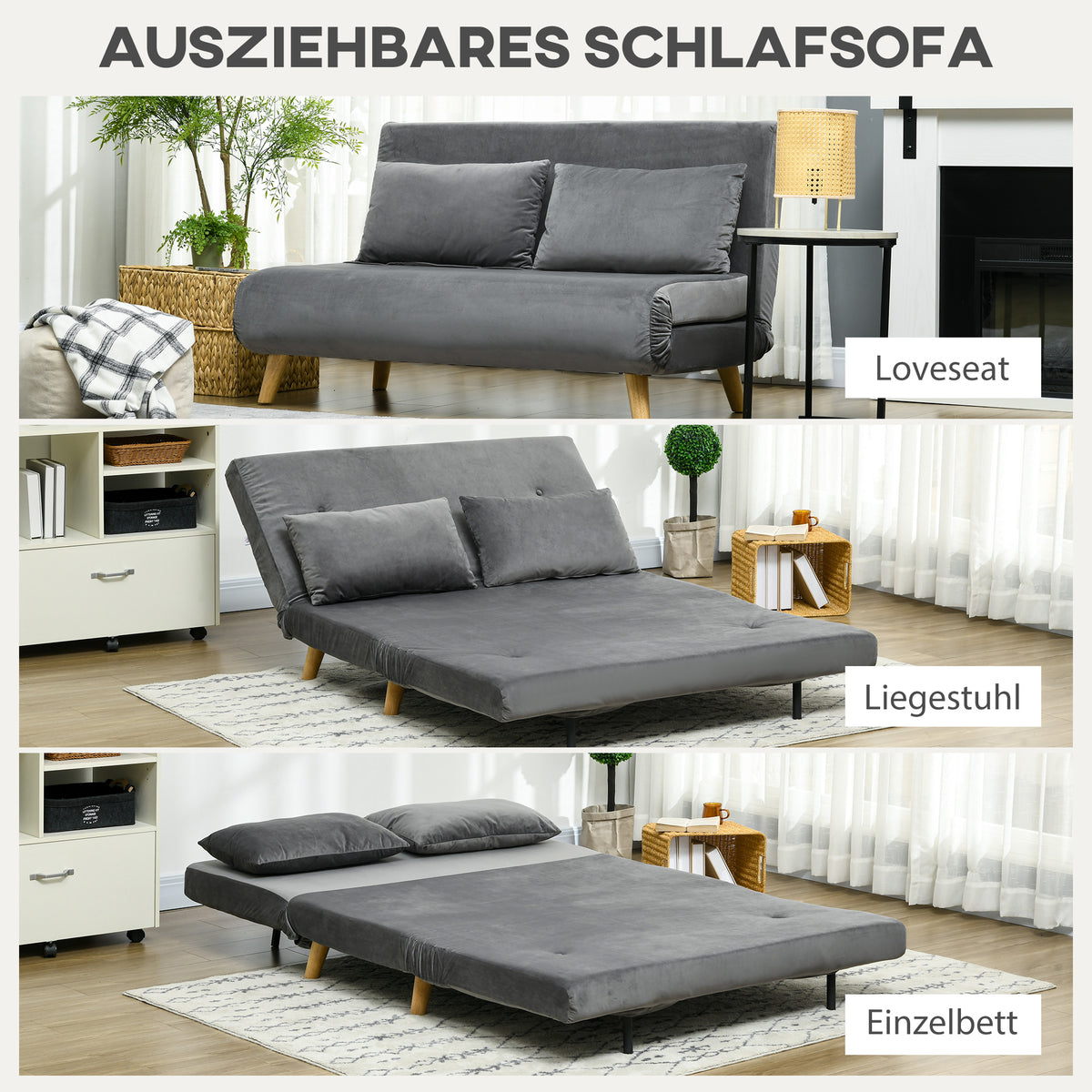 Slaapbank relaxbank bank, incl. 2 kussens, fluweeloptiek, 130 x 78 x 79 cm, grijs (4)