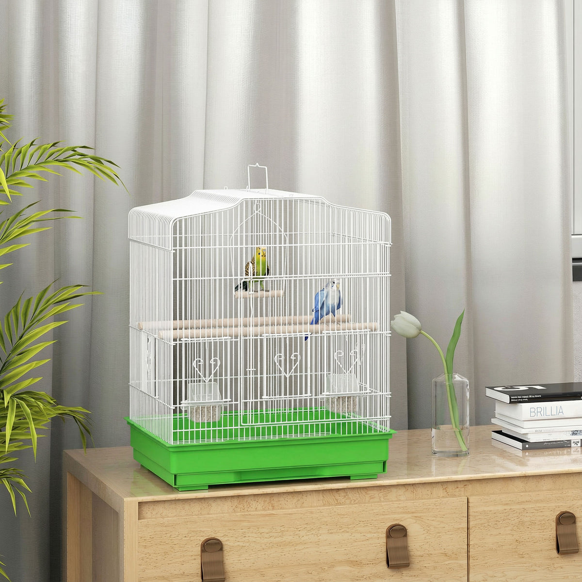 Vogelkooi in vintage-design voor kleine vogelsoorten incl. accessoires 46,5 x 36 x 59 cm staal, hout, wit+groen (2)
