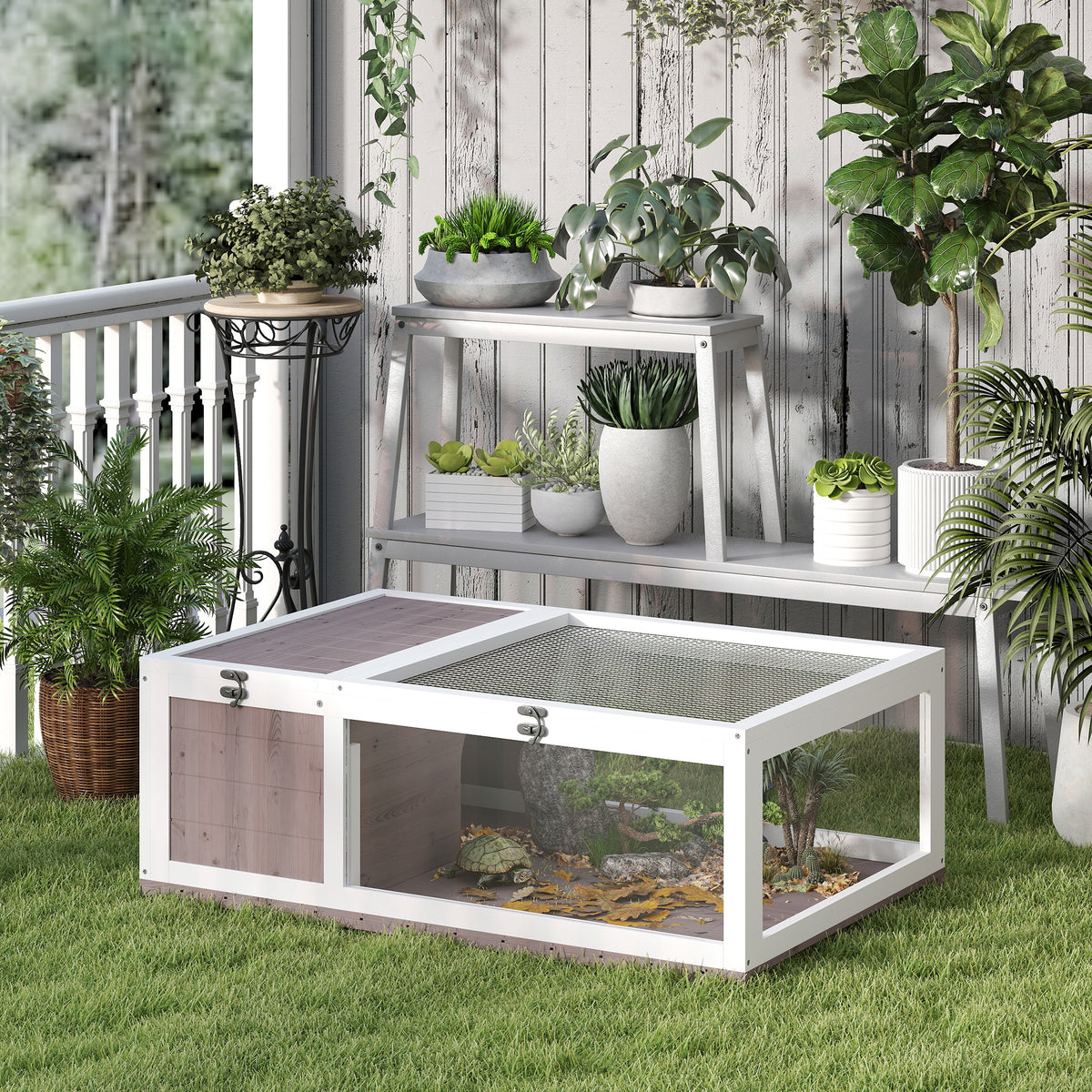Houten schildpaddenverblijf schildpaddenren met hoofdverblijf en opklapbaar dak 91x60,5x32 cm, bruin (2)