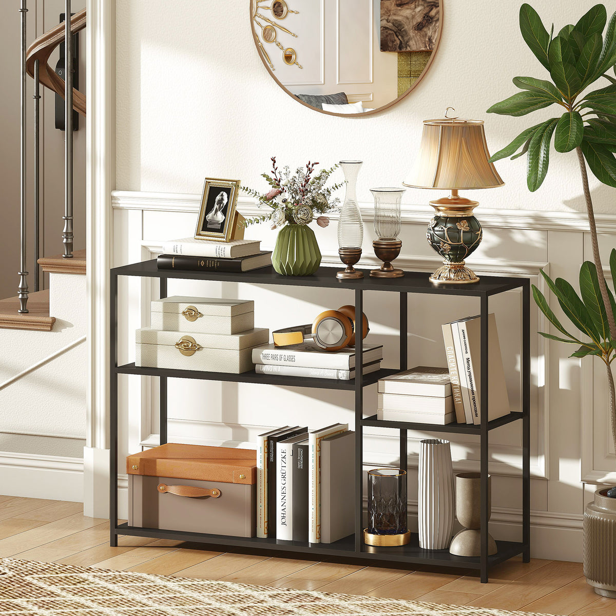 Sidetable, 4 niveaus, stalen frame, voor hal, woonkamer, zwart (2)