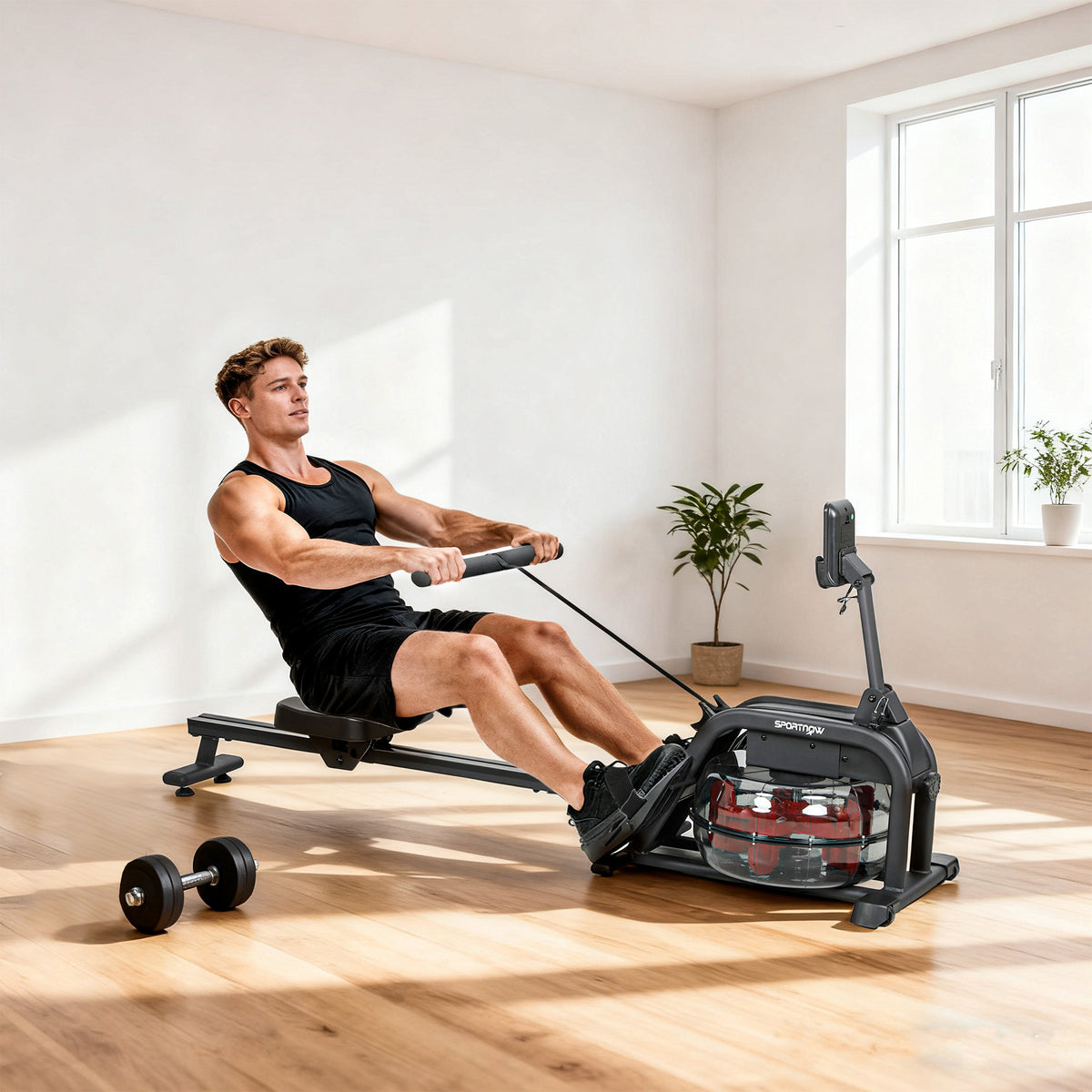 Roeiapparaat voor training, roeimachine met 6-11 L watertank, lcd-monitor, telefoonhouder, 135 kg draagvermogen (2)