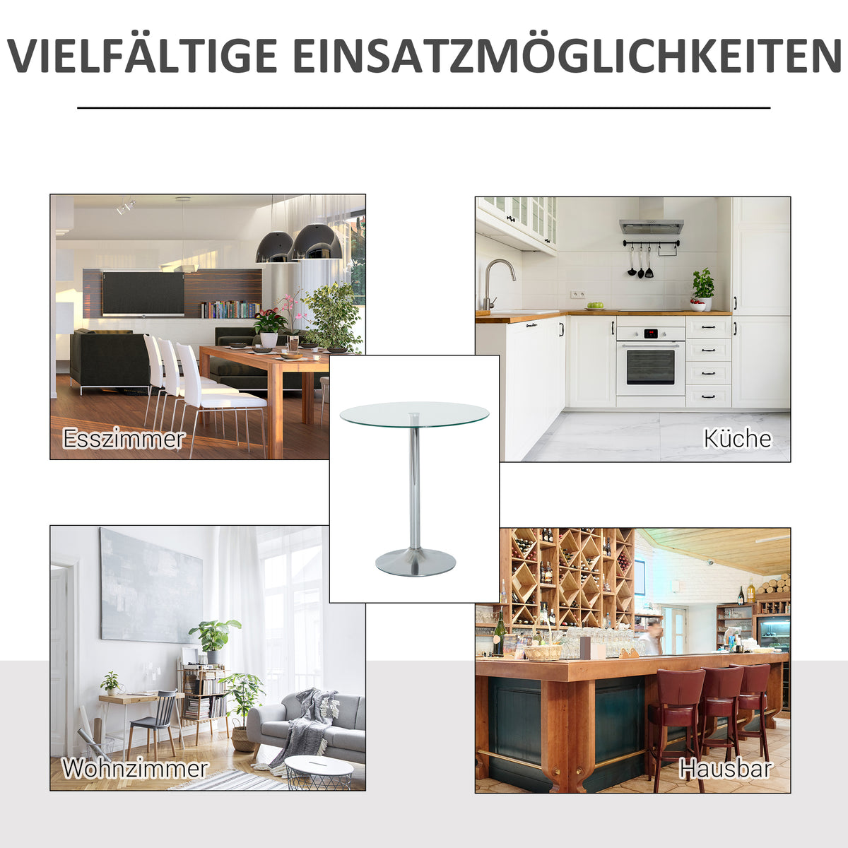 Ronde eettafel met glazen blad, metalen onderstel, zilverkleurig (6)