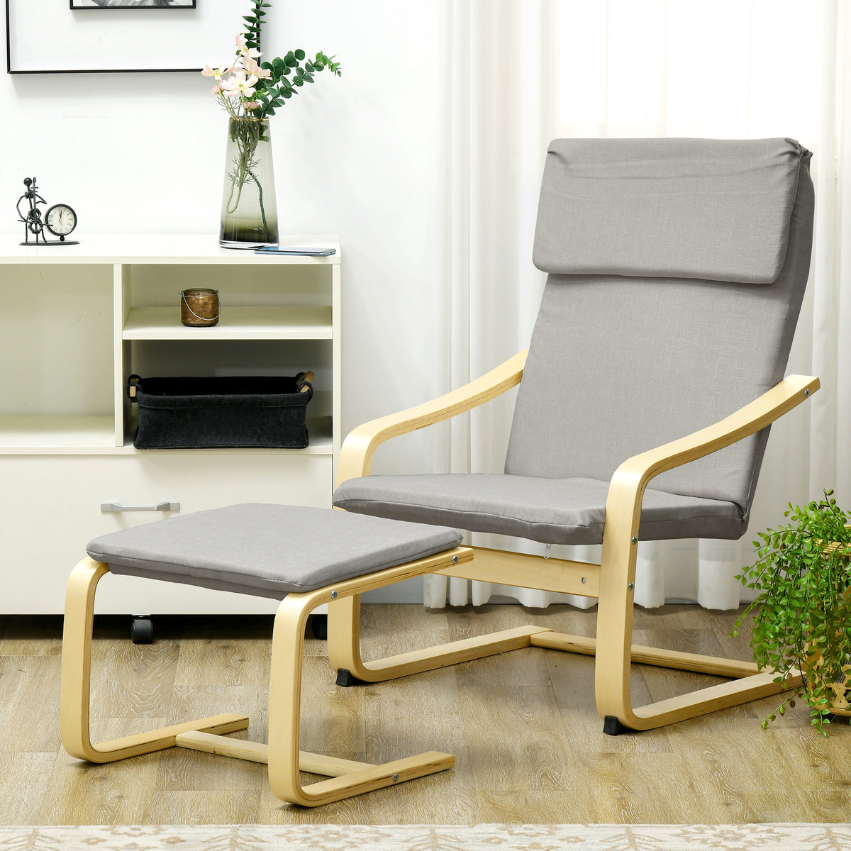 Loungestoel met voetenbank, bekleding in linnenlook, houten frame, tot 120 kg, lichtgrijs/natuur (2)