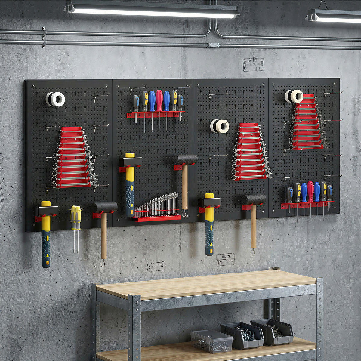 Opslagsysteem wandrek 60 x 160 cm, 38 st. bakkenrek met haken legplanken magazijnbakken, zwart+rood (2)
