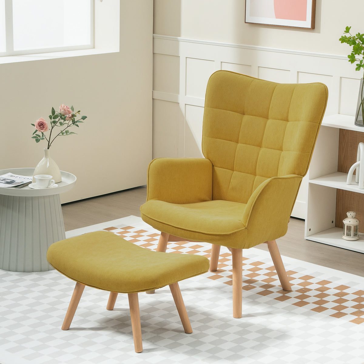 Accentfauteuil met hocker, relaxfauteuil in ribfluweel-look, armstoel met houten poten, voor woonkamer, oranje (2)