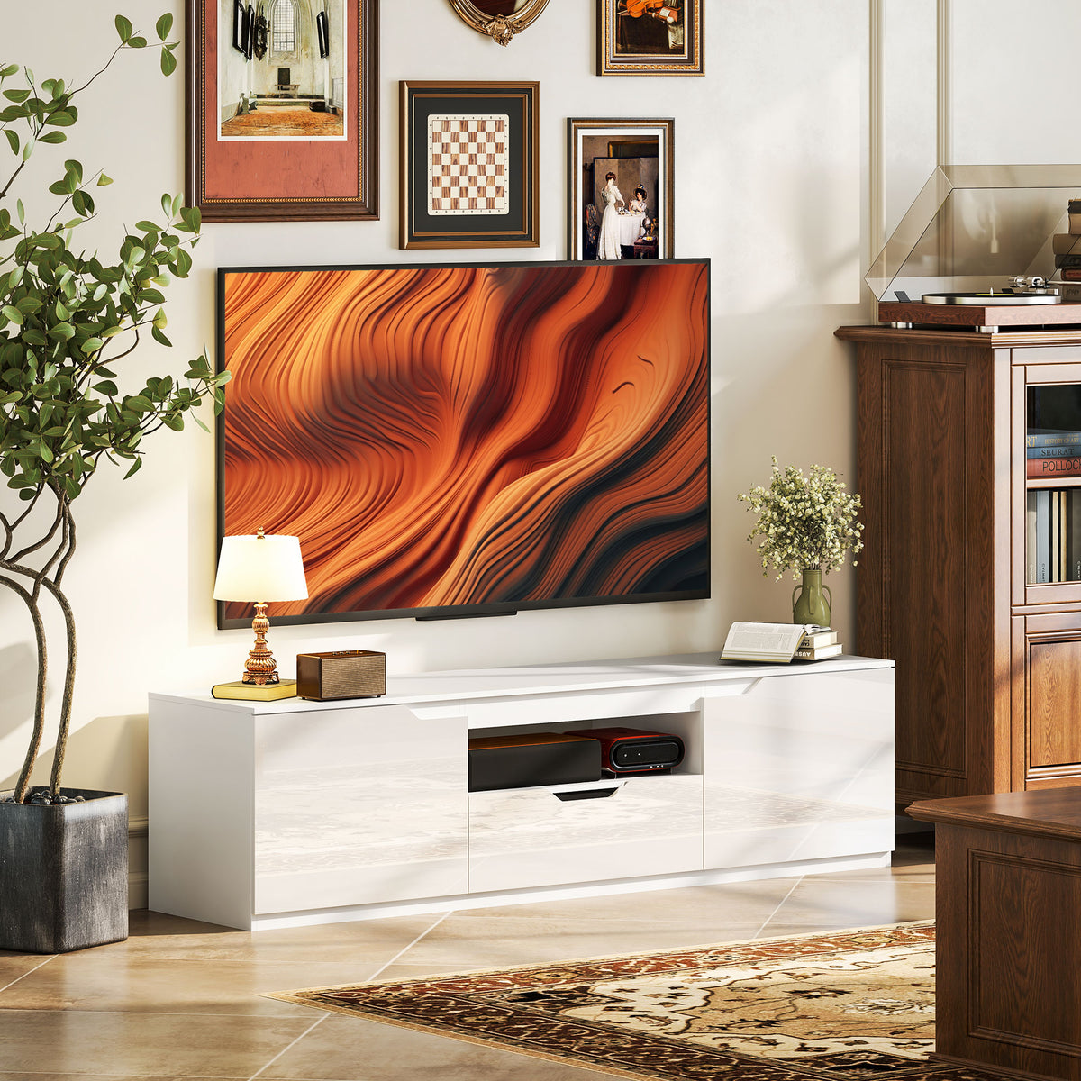 TV-meubel, hoogglans, voor tv's tot 65'', 3 vakken, lade, 160 x 38 x 43 cm, wit (2)