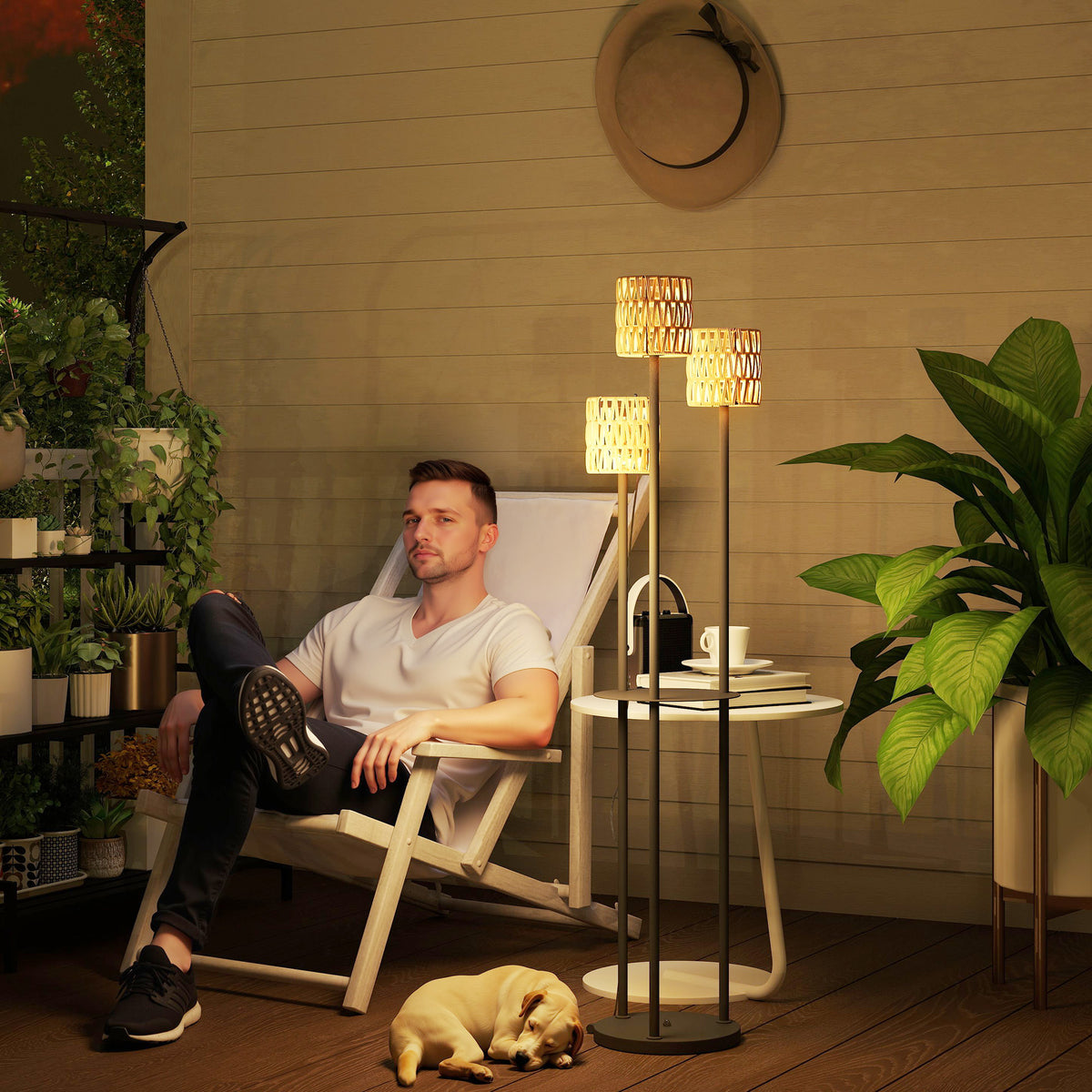 Solar-vloerlamp rotan, solarlampen met lichtsensor, 3 lichtstanden, solarlamp in boho-stijl, IP44, Ø37 x 144H cm (2)