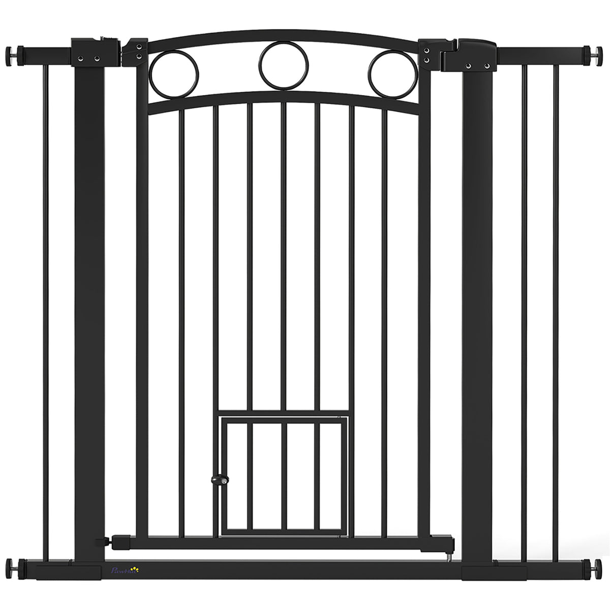 Huisdierhek, 96 cm traphek, verstelbare breedte 76-104 cm, met kattendeur, voor trappen en deuropeningen, zwart