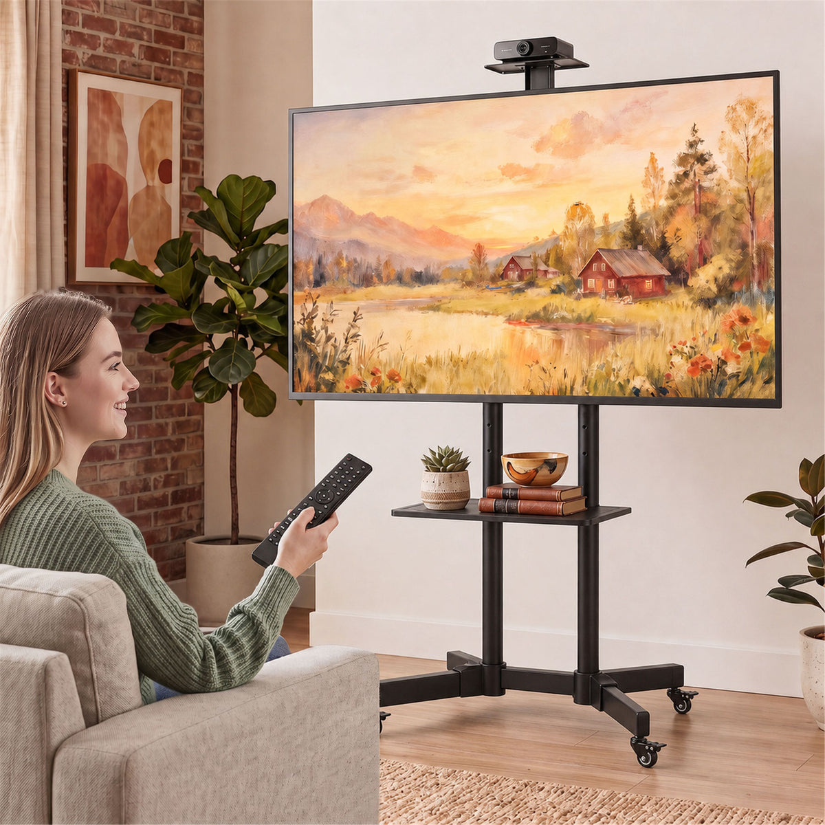 Mobiele tv-standaard op wielen voor 32-75 inch, verrijdbaar tv-meubel kantelbaar, in hoogte verstelbaar, met (2)
