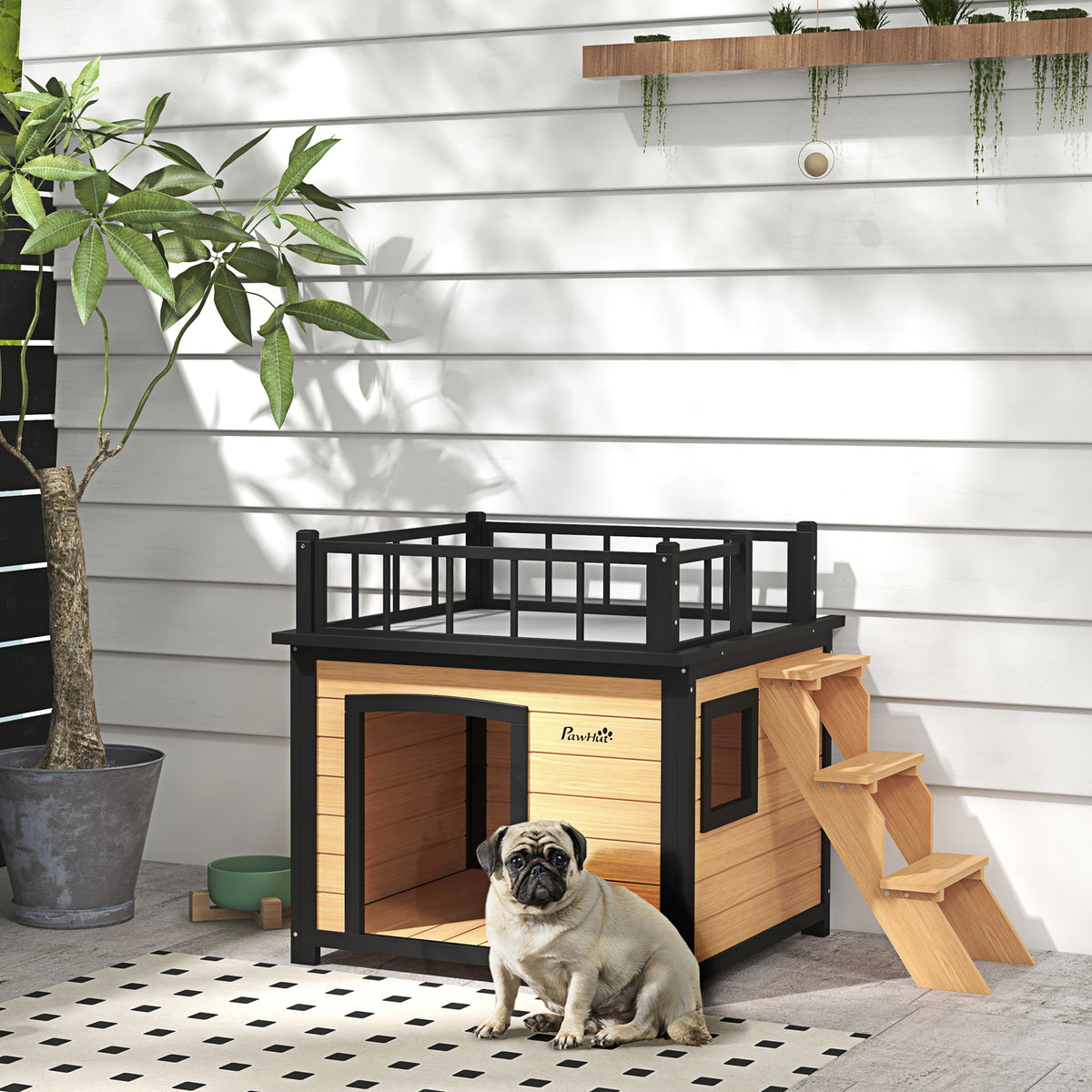 Hondenhok met dakterras, weerbestendig, hout, 121x77x78cm, zwart/geel (2)