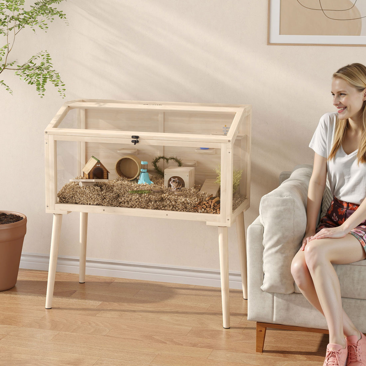 Hamsterkooi, dwerghamsterverblijf, klein dierenhok met accessoires, waterfles, 110 x 52 x 101 cm, hout (2)