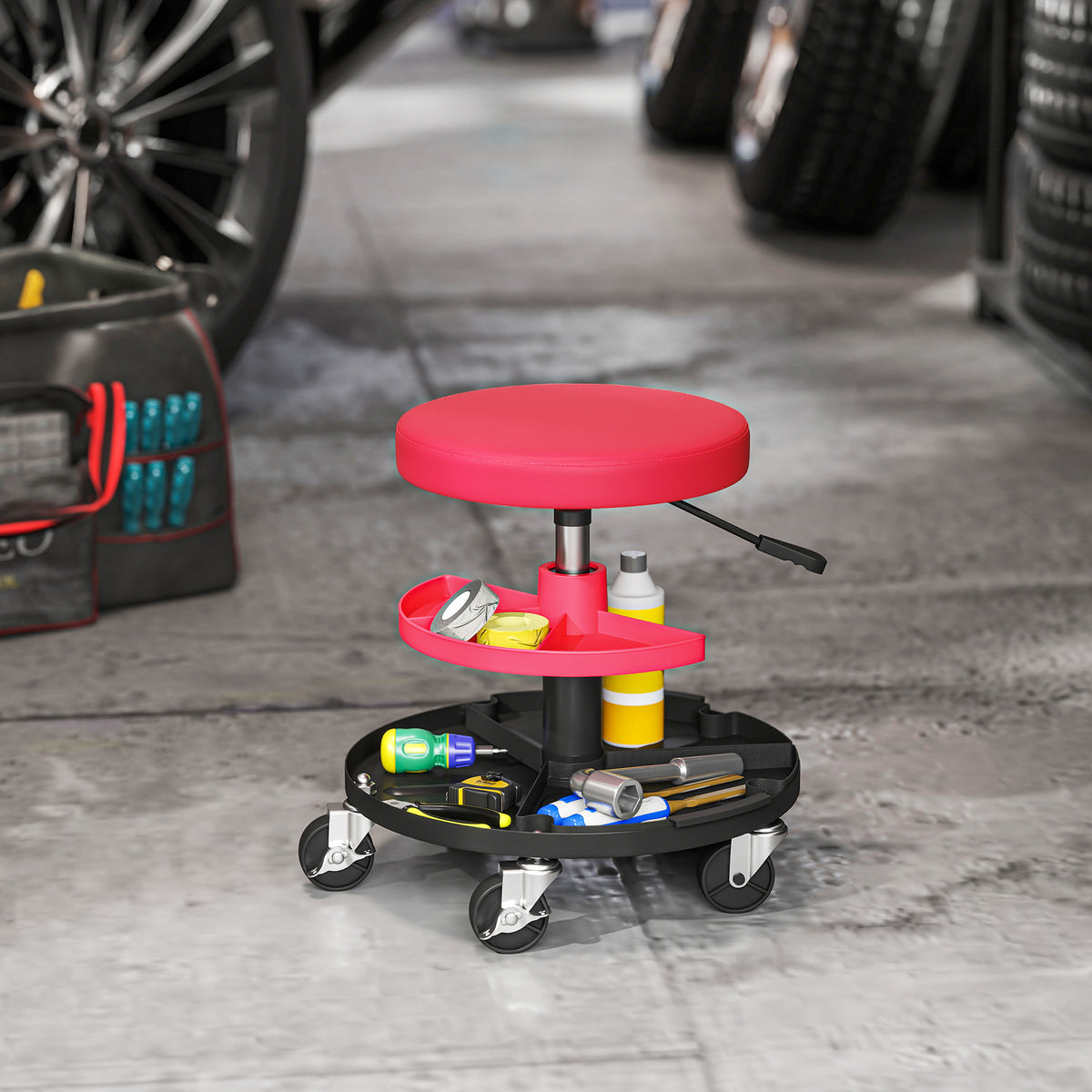 Werkplaatskruk met wielen, plateaus, in hoogte verstelbaar 40-51 cm, rolkruk belastbaar tot 135 kg, rood (2)