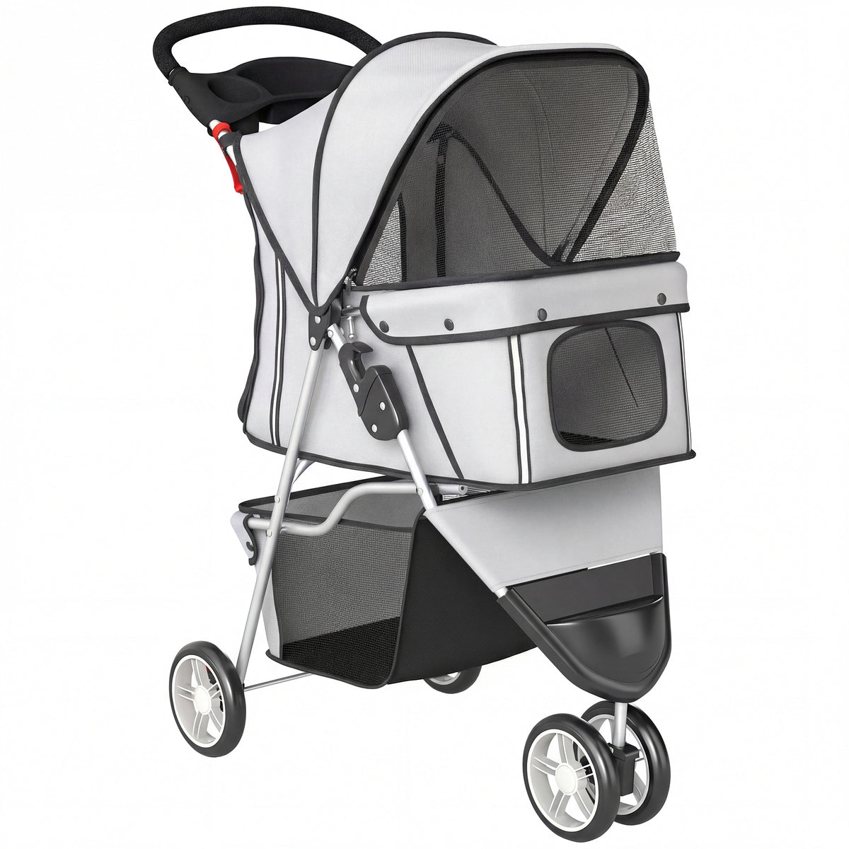 Opvouwbare hondenbuggy met opbergmand, kussen, netvensters en bekerhouder voor kleine honden tot 10 kg, grijs