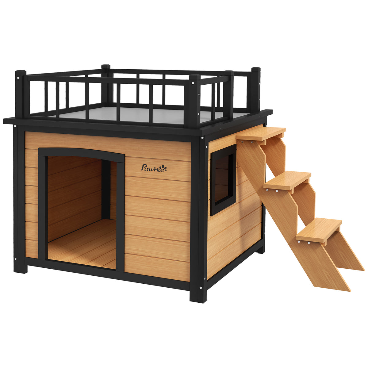 Hondenhok met dakterras, weerbestendig, hout, 121x77x78cm, zwart/geel
