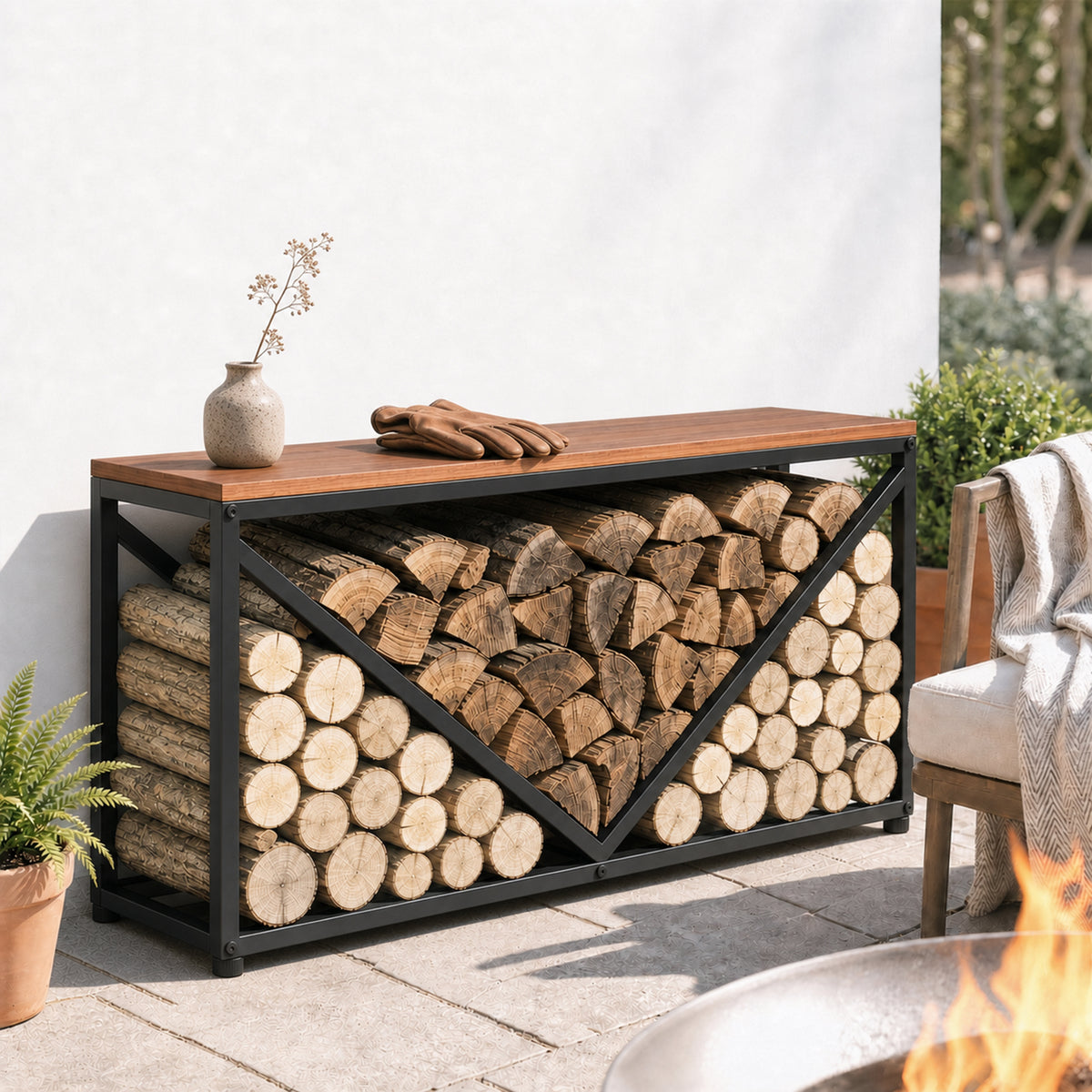 2-in-1 haardhoutrek voor binnen 98 x 28 x 50 cm verhoogd brandhoutrek met legplank tussenwand bijzettafel (2)