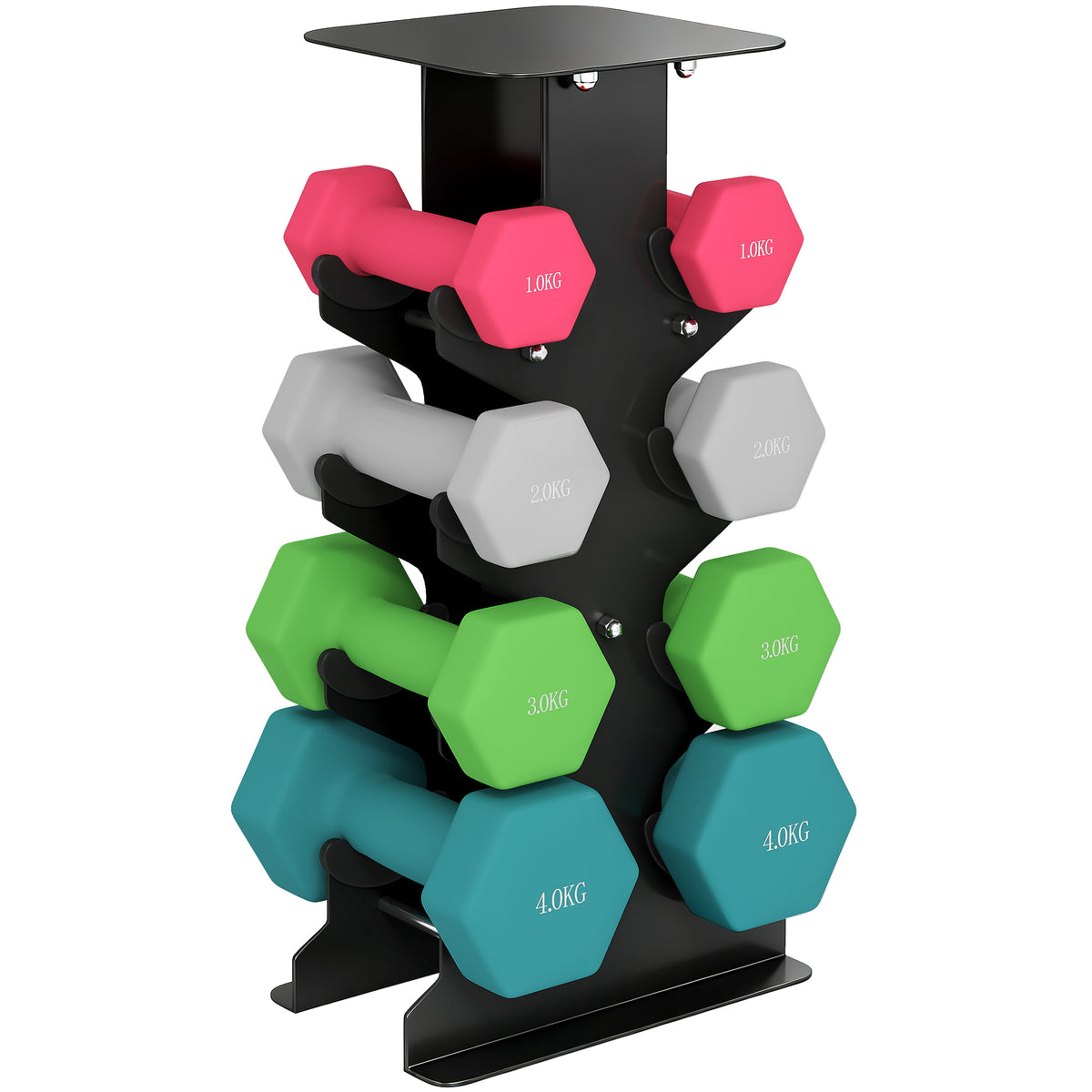 Dumbbellset, 4 paar handgewichten met opbergstandaard, antislipgreep, 1-4 kg zeshoekig
