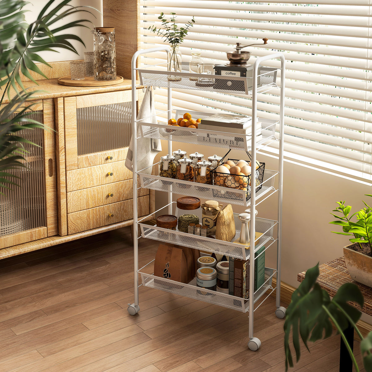 Keukenwagen met 5 draadmanden, 4 haken, 4 wielen, 2 handgrepen, staal/kunststof, 45x26,5x106 cm, wit (2)