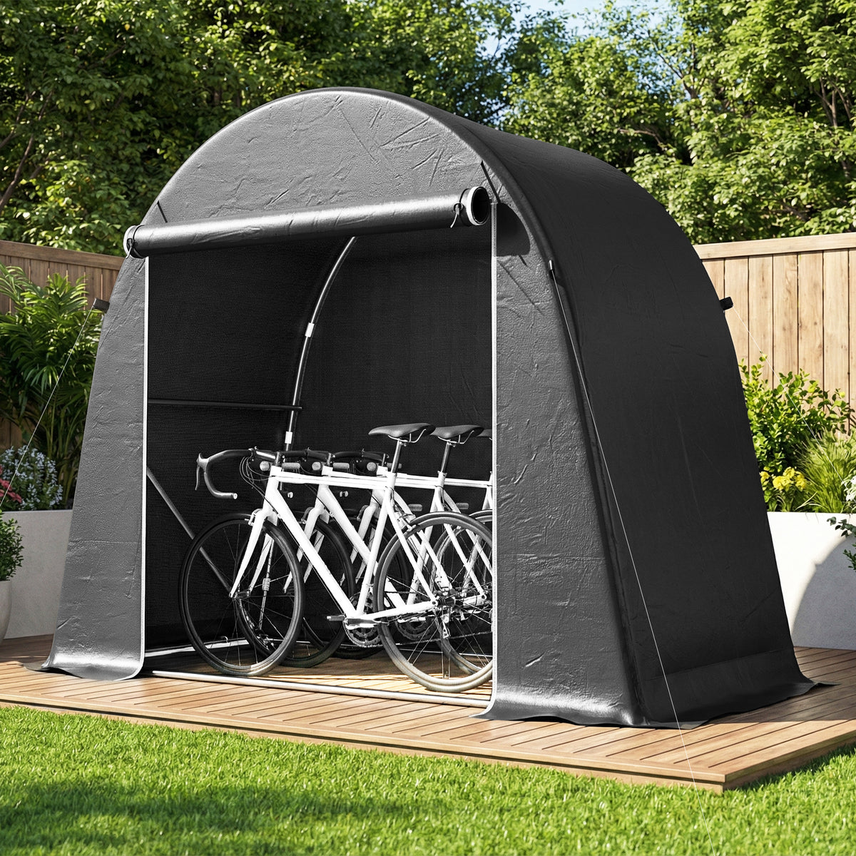 Draagbare tuinschuur, fietstent, oprolbare deur met rits, metalen frame, veelzijdige opslag, kunststof afdekking (2)