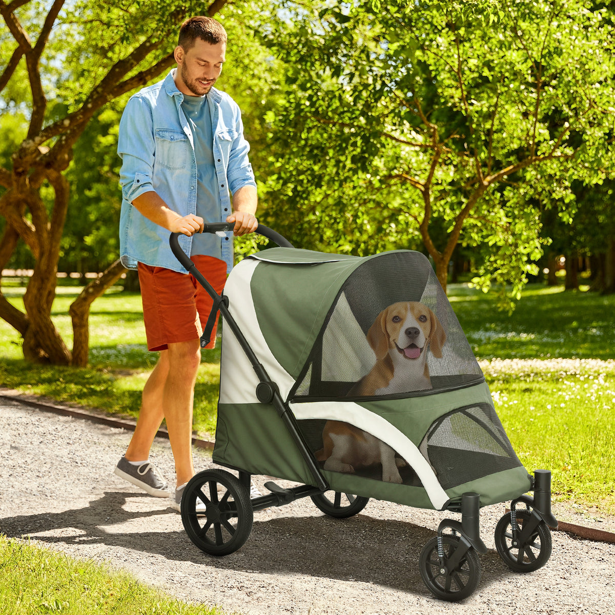 Hondenwagen, opvouwbare hondenbuggy voor middelgrote honden, huisdierwagen met 4 wielen, veiligheidslijnen en (2)
