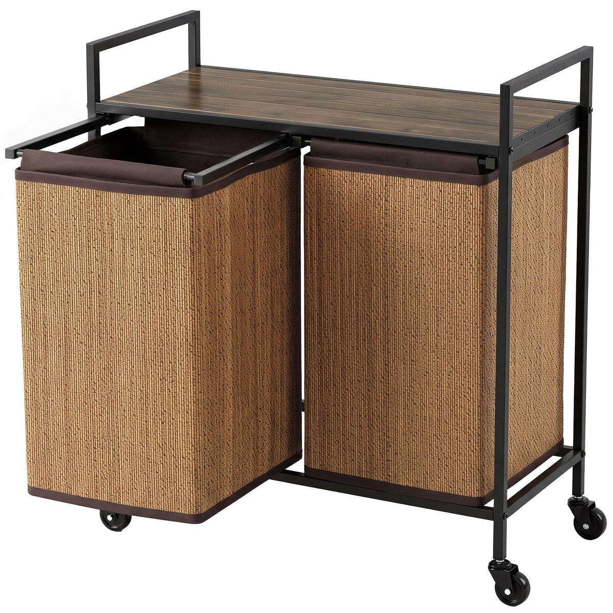 Bamboe wasmand 2 vakken 120 L wassorteerder met plank, wasbox waszak, verrijdbaar 73x33x78 cm, bruin