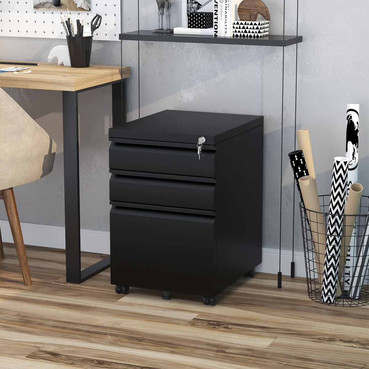 Rolcontainer, 3 lades, 5 wielen, hangmappen, afsluitbaar, staal, zwart 39 x 48 x 60 cm (2)