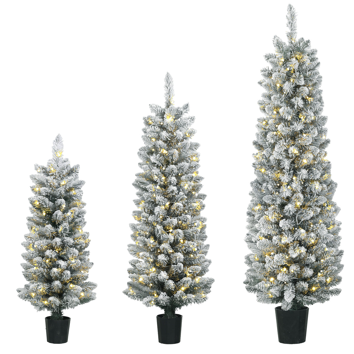 Set van 3 besneeuwde led-kerstbomen, smal, met pvc-takken, 90/120/150 cm
