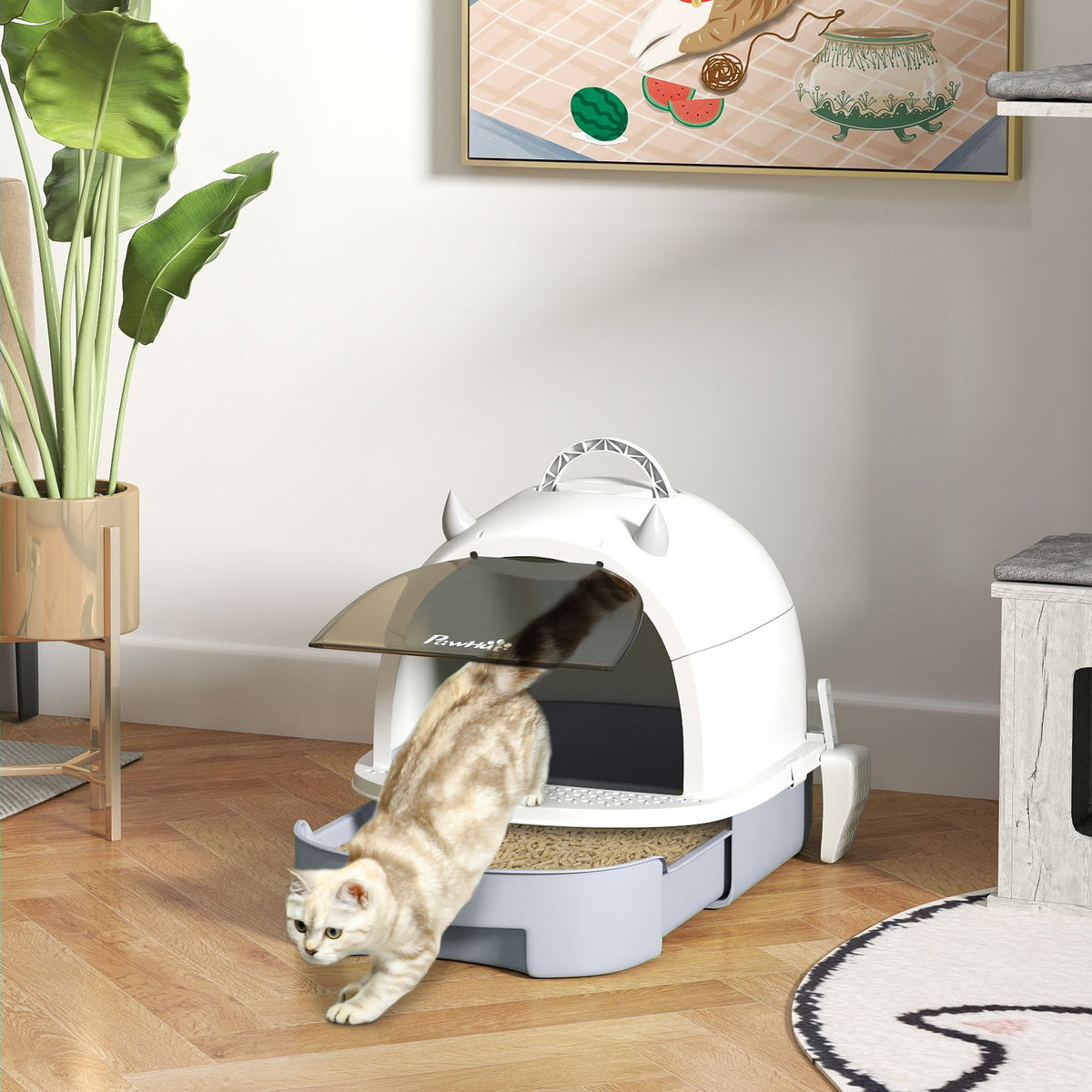 Kattenbak met deksel, kattentoilet met schepje, bodemlade, instappedaal voor katten tot 5 kg, 40,5x52x39 cm (2)