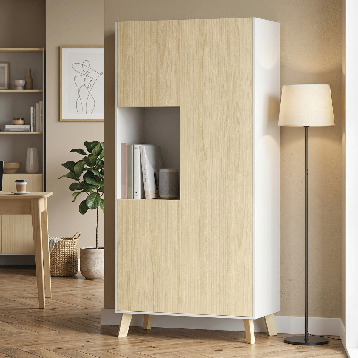 170 cm keukenkast, moderne kast met open vak, verstelbare legplanken, natuurlijke houtlook (9)