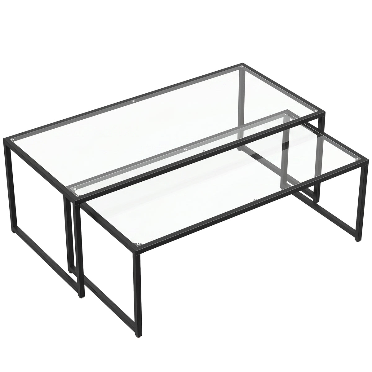 Set van 2 salontafels, glazen tafels, met gepoedercoat staal, zwart + transparant