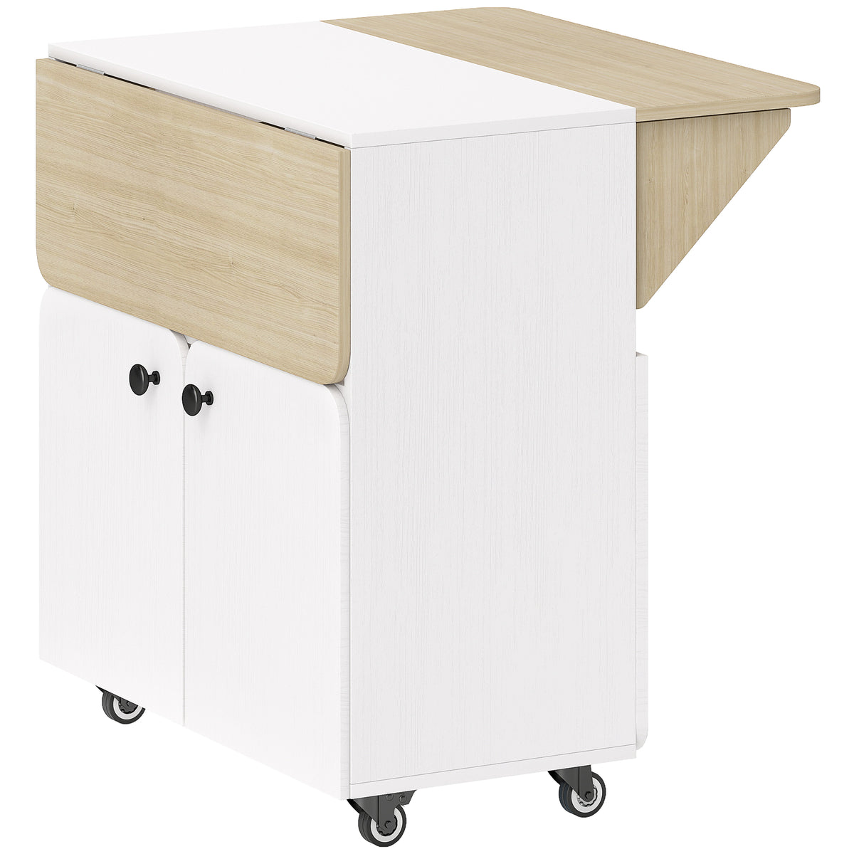 Klaptafel met rolkast, twee inklapbare tafelzijden, kastvak, 4 wielen, wit+natuurlijk hout, 70 x 83 x 75 cm