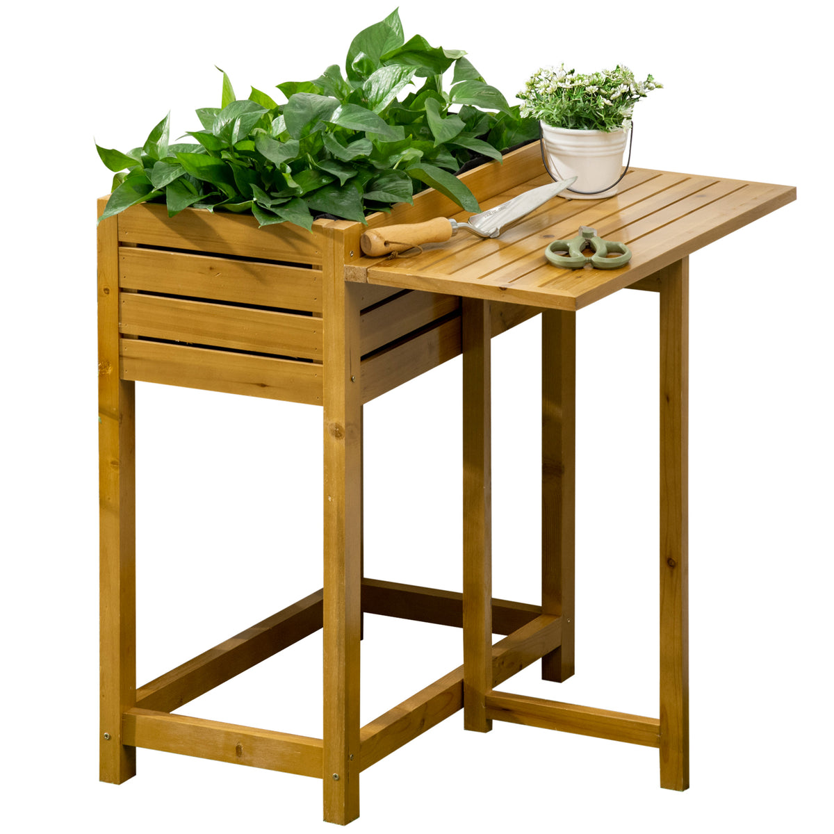 Verhoogde moestuinbak met inklapbaar werkblad, gelakt massief hout, binnenbekleding van vlies, 64 cm x 63 cm x