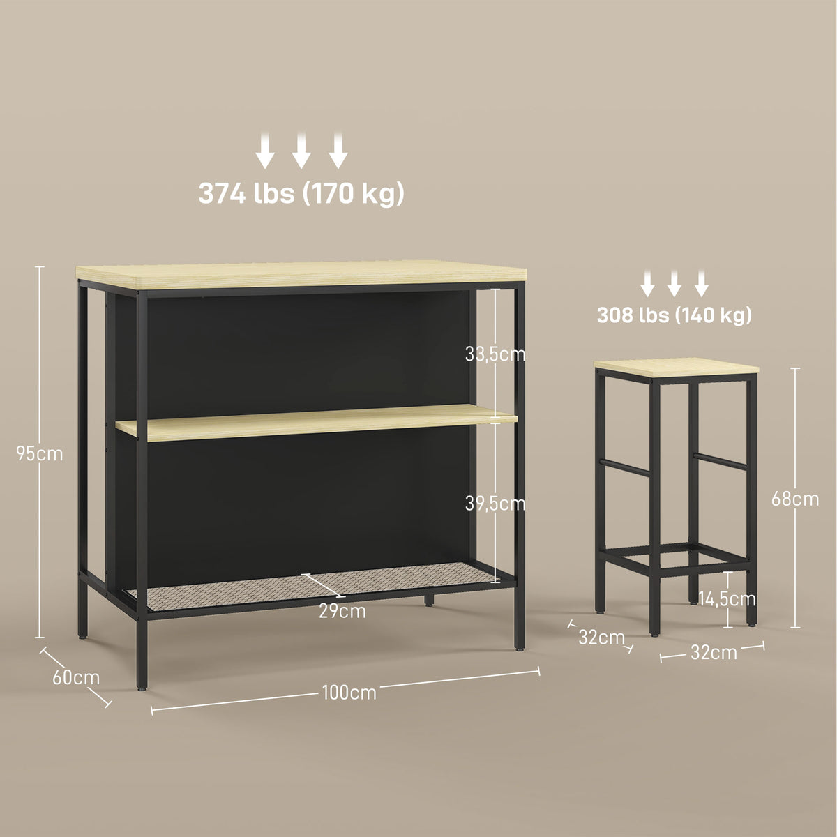 Barset, 2 barkrukken & 1 barstafel, vlekbestendig, stabiel, stalen frame, zwart/eiken (3)