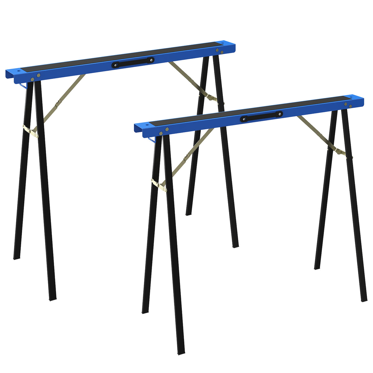 Set van 2 robuuste, inklapbare zaagbokken van metaal voor timmerwerk en doe-het-zelfprojecten, blauw en zwart
