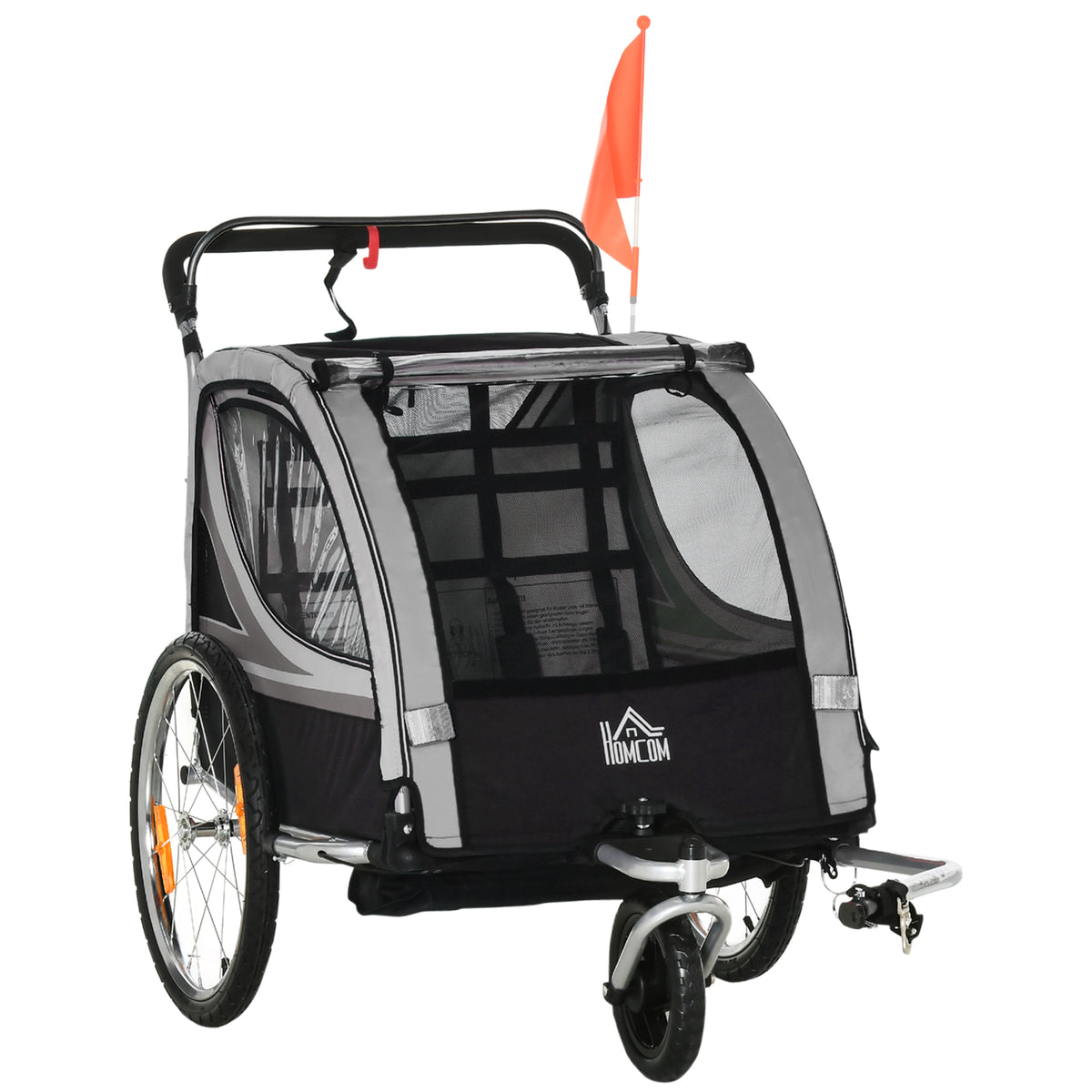 Fietskar voor kinderen, wandelwagen, met remmen, opvouwbaar, voor 2 kinderen, grijs/zwart