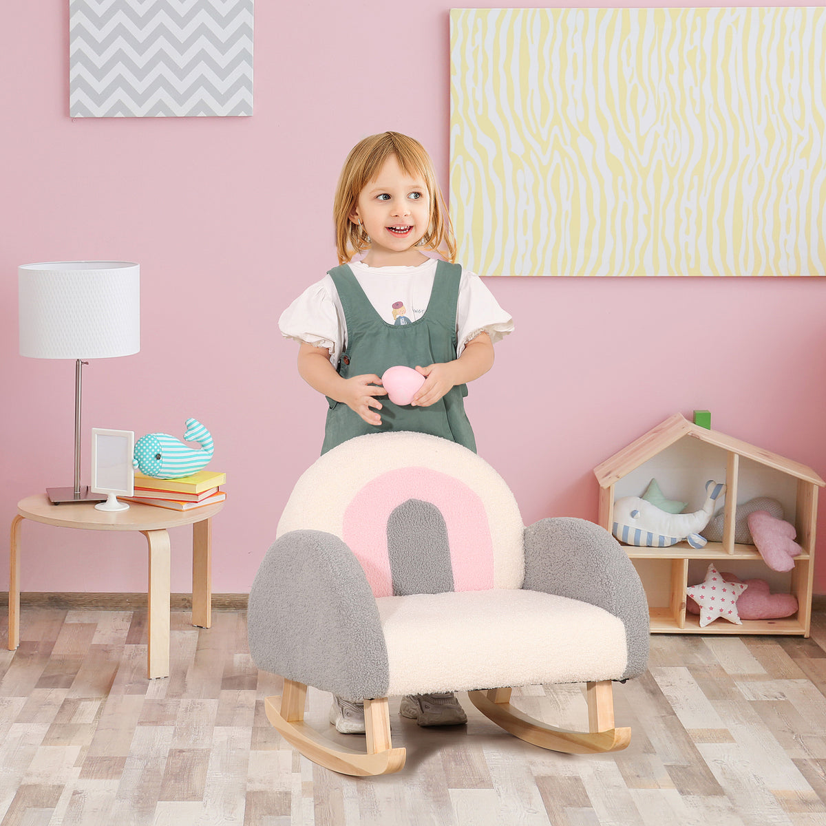 Schommelstoel voor peuters, schattig design, imitatie schapenvacht, eucalyptus hout, 50 x 45 x 44cm (2)
