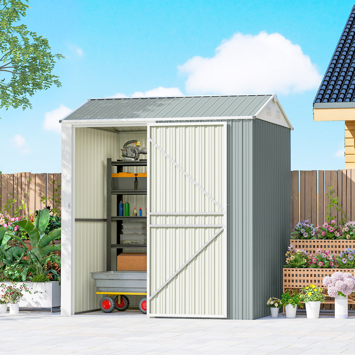 Metalen tuinhuis 3,5 m², hoge afsluitbare gereedschapsschuur met zadeldak, ventilatie en handschoenen, 209 x 177 (2)