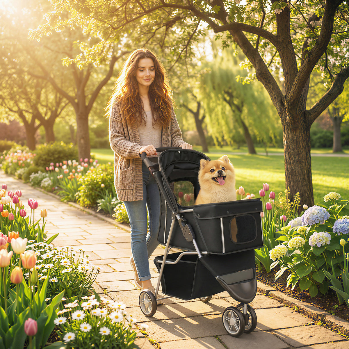 Opvouwbare hondenbuggy met opbergmand, kussen, netvenster en bekerhouder voor kleine honden tot 10 kg, zwart (2)