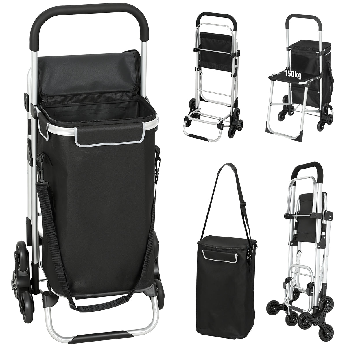 Boodschappentrolley, 40 L Oxford-tas, 3-wielontwerp, aluminium frame, zitje, grijs